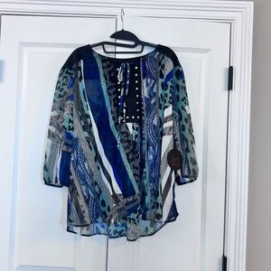 French Blue Petite PXL Sheer Blue Print Studded Tie Neck Blouse Top‎